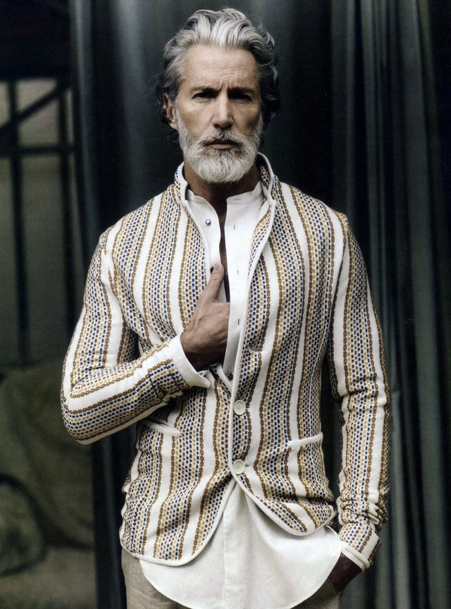 Aiden Shaw Porn beard old tile multi color gray vertical stripe cardigan gentleman menswear