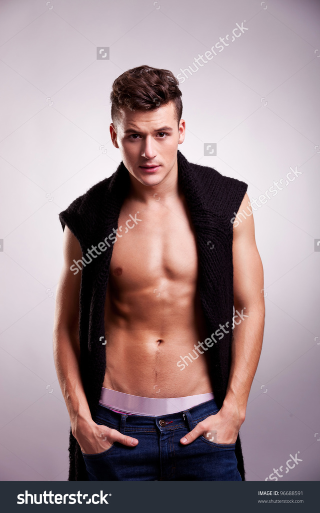 gay muscle posing his search photo young man athletic posing wearing only handsome shirt stock sweater shoulders