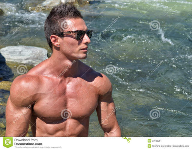 muscled men naked muscle naked young man large behind copy outdoors handsome space him stock water attractive