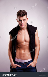 gay muscle posing stock photo handsome athletic young man shirt wearing only sweater his shoulders posing search