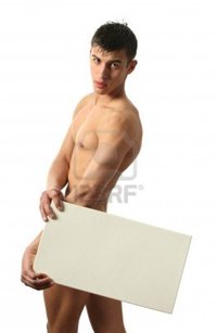 nude muscled men wrangel nude muscular man covering copy space blank board isolated white photo